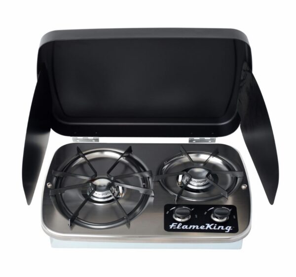 Flame King Two-Burner Propane Cooktop, Piezo Ignition, Removable Grates