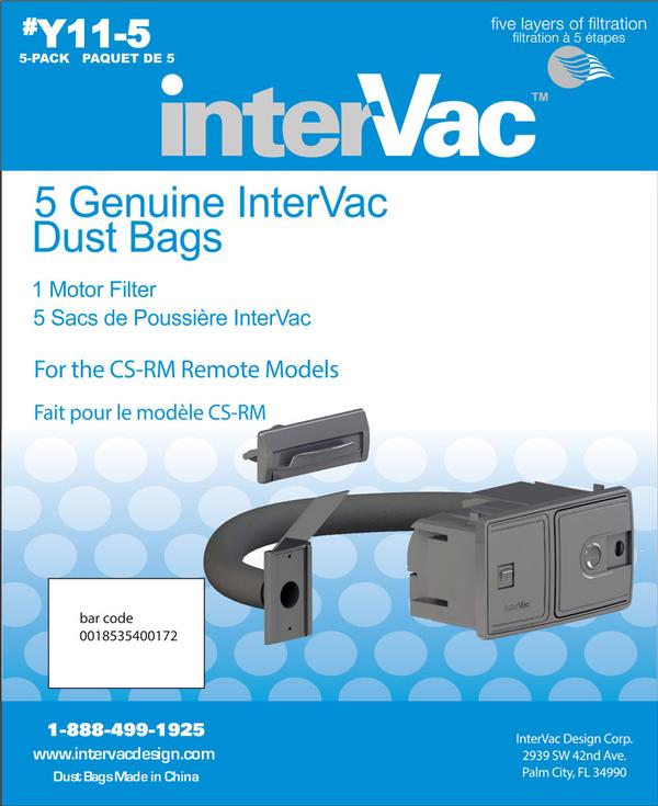 InterVac CSRM Central Vacuum Replacement Bags, 3 Micron, Disposable, Set of 5