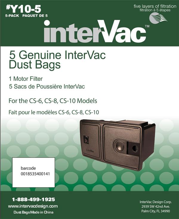 InterVac CS6/CS8 Replacement Vacuum Bags, 3 Micron, Disposable, Set of 5