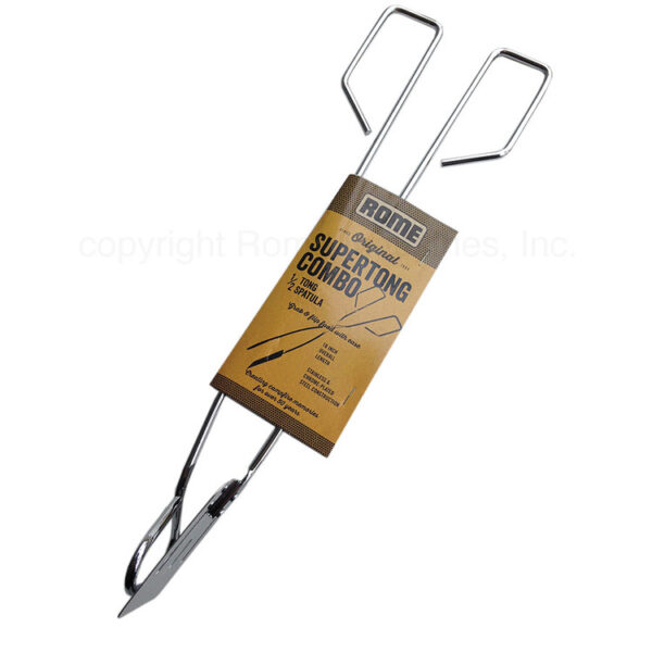 Rome Industries 2-in-1 BBQ Spatula and Tongs, Stainless Steel, Silver and Brown