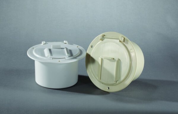 RV Designer 50 Amp Round Electrical Cord Hatch, 4.6 Inch, Polar White