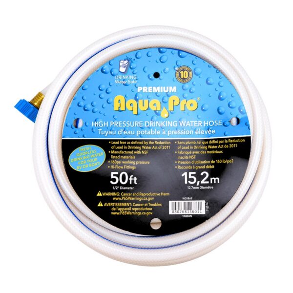 Aqua Pro 50 Foot Fresh Water Hose, 1/2 Inch ID, 120 PSI, White