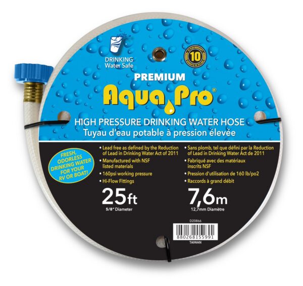 Aqua Pro 25 Foot Fresh Water Hose, 5/8 Inch ID, 160 PSI, White