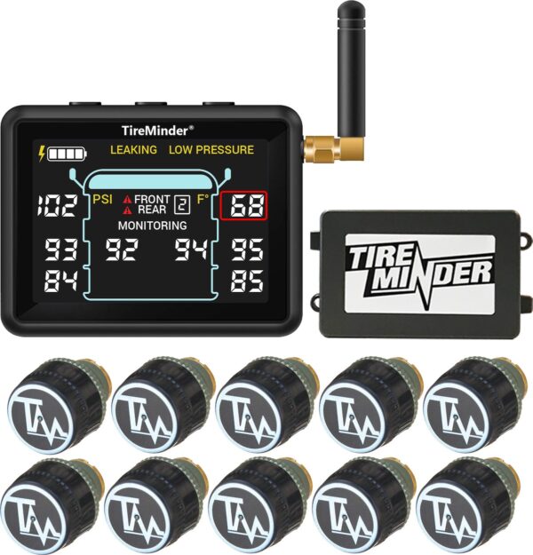 Minder Research TireMinder i10 TPMS, 10 Sensors, 3.15 Inch Display, Multi-Vehicle Monitor