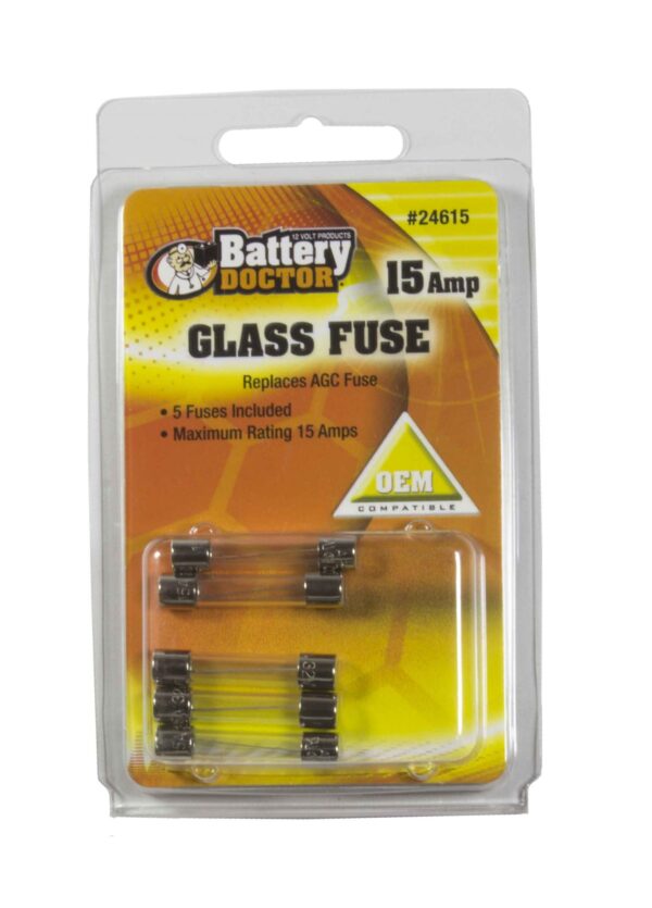 WirthCo Battery Doctor 15-Amp AGC Glass Fuse, Pack of 5