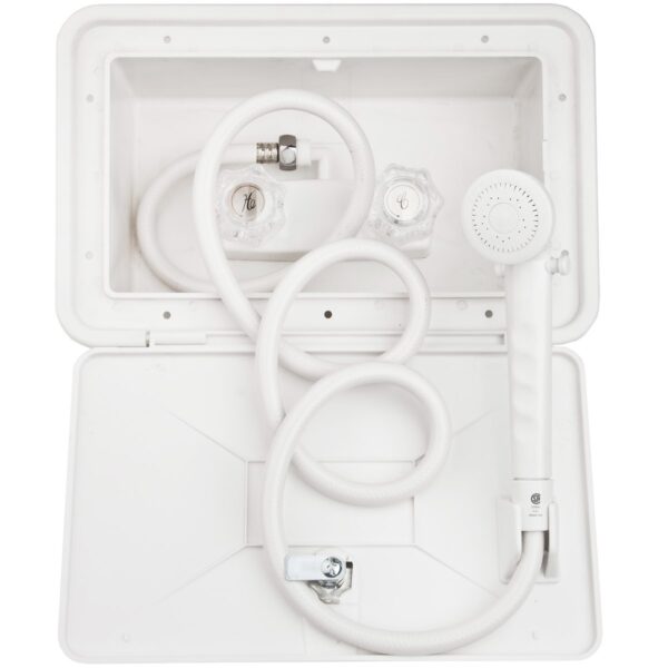Dura Faucet Exterior Shower with Hose and Lock, White