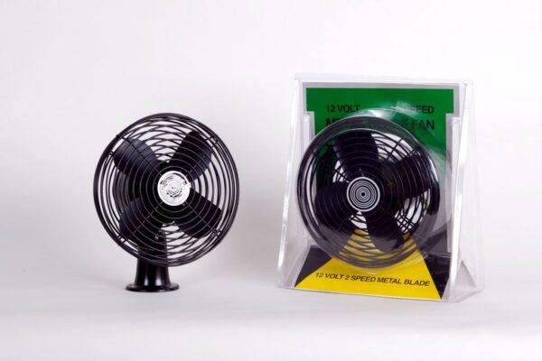 Madison 12-Volt Tilt-Head Metal Blade Fan, Black