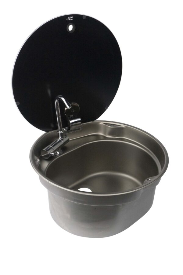 Suburban RV Sink with Fold-Down Faucet, 16" Countertop, Stainless Steel, Black