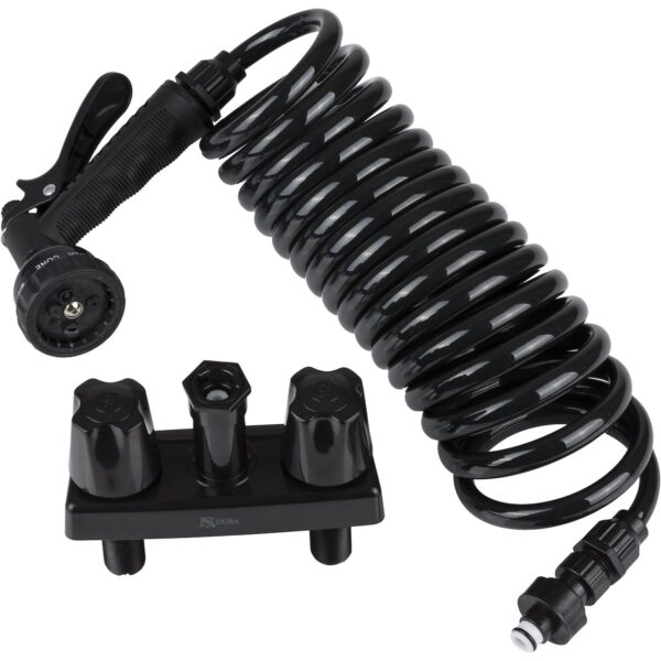 Dura Faucet Exterior Spray Port with 15-Foot Hose, 7 Spray Settings, Black