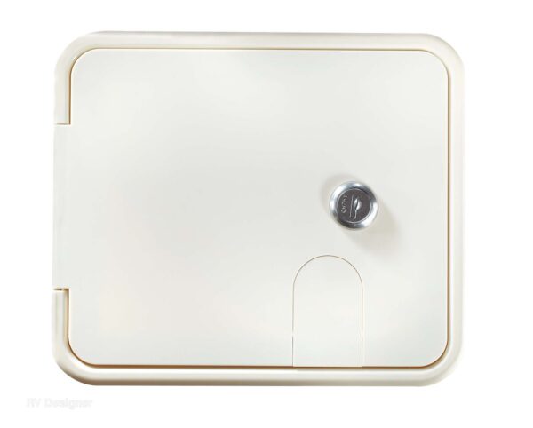 RV Designer 50 Amp Rectangular Electrical Cord Hatch, 7.6 x 6.5 Inch, Polar White