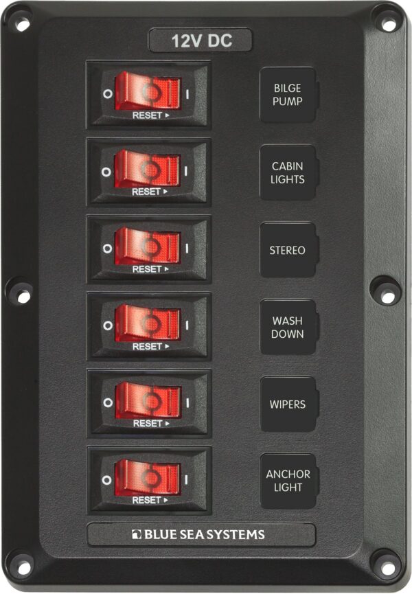 Blue Sea Systems 12 Volt Deck Power Distribution Box, 45 Ampere, 6 Circuit, Black