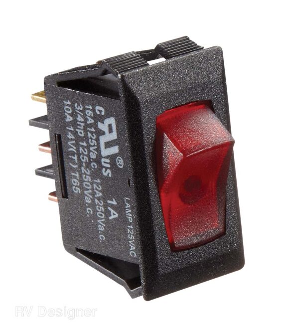 RV Designer 125V 10A Rocker Switch with Red Light, Black