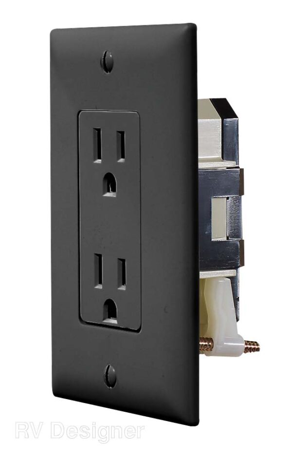 RV Designer Dual Receptacle, 125V AC, OEM, Black, with Cover Plate