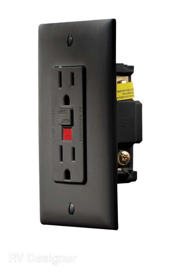 RV Designer GFCI Dual Receptacle, 125V AC, Indoor, Black, with Cover