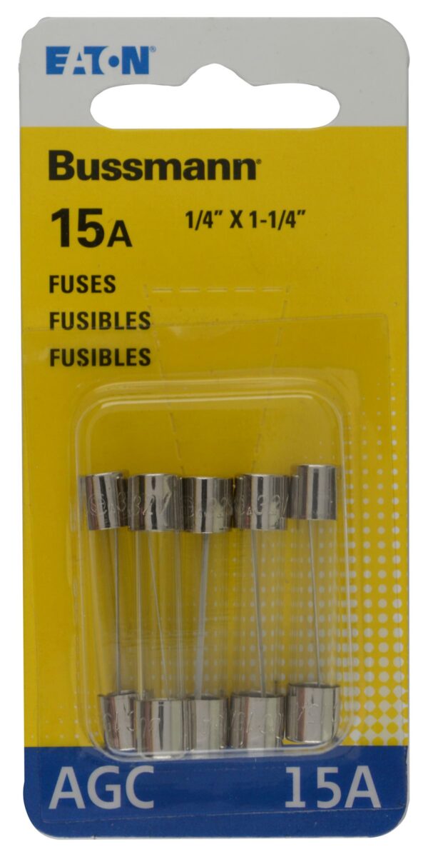 Bussmann Glass Tube Fuse, 15 Ampere AGC, Pack of 5