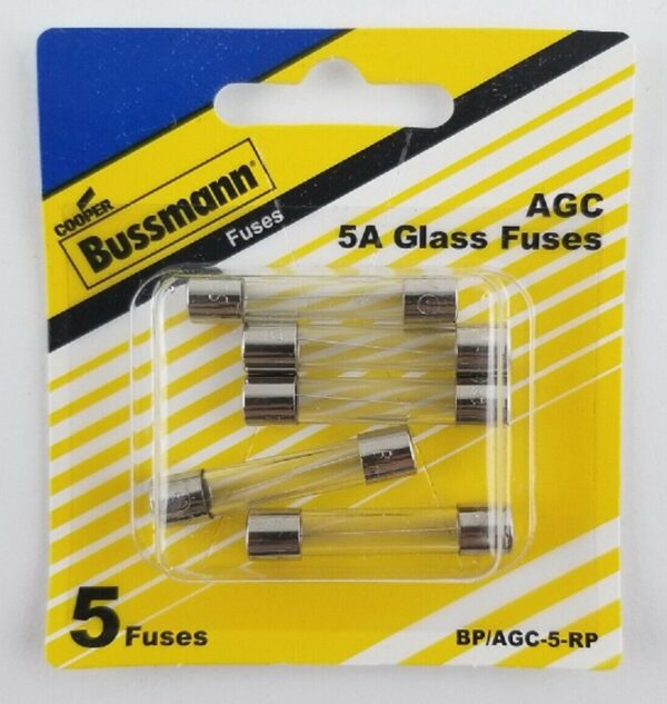 Bussmann Glass Tube Fuse, 5 Ampere AGC, Pack of 5